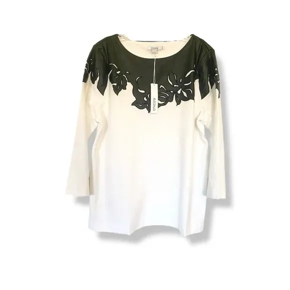 Chico’s Faux Leather Ponte Mix Top Sz 2/L - Picture 2 of 7